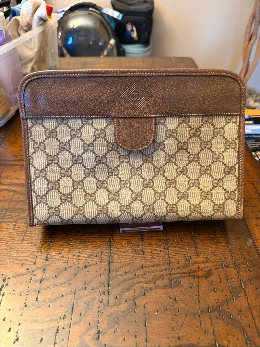 Authentic Vintage Gucci Beige GG Monogram Canvas Clutch with Brown Trim